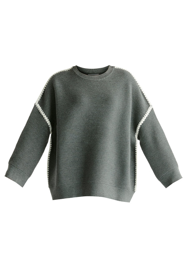 Ribbed Jumper with Contrasting Embroidery in Grey Cutout